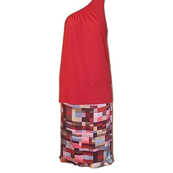 BCBGMaxAzria Straight Silk Long Skirt Below Knee Geometric Patchwork Ruffle Hem - Picture 12 of 16